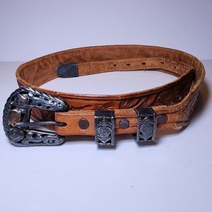 Vintage Mexican Tooled Leather & Silver Belt